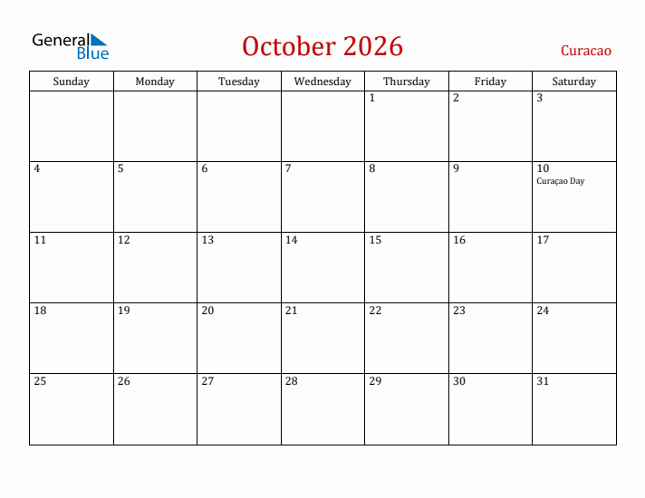 Curacao October 2026 Calendar - Sunday Start