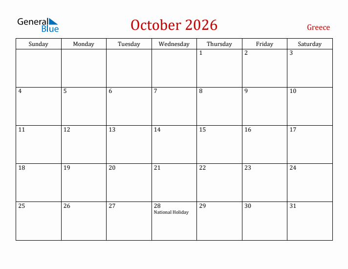 Greece October 2026 Calendar - Sunday Start