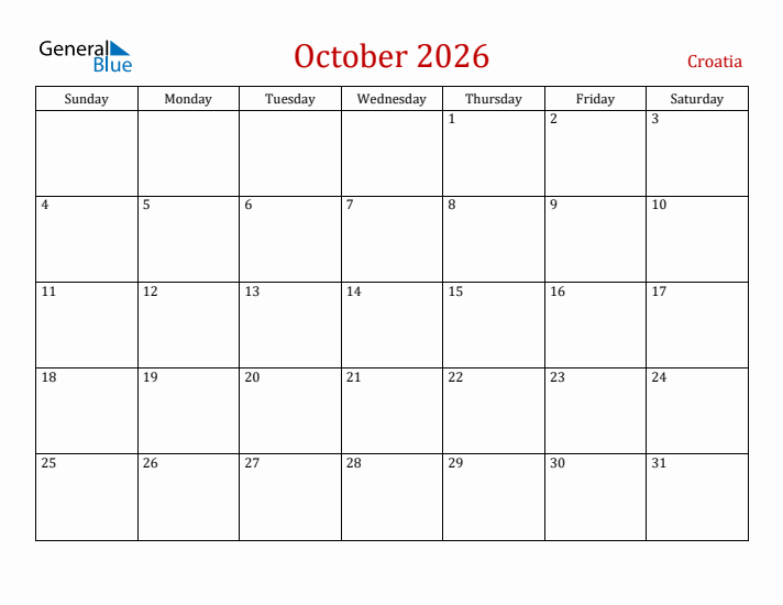 Croatia October 2026 Calendar - Sunday Start