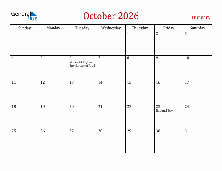 Hungary October 2026 Calendar - Sunday Start