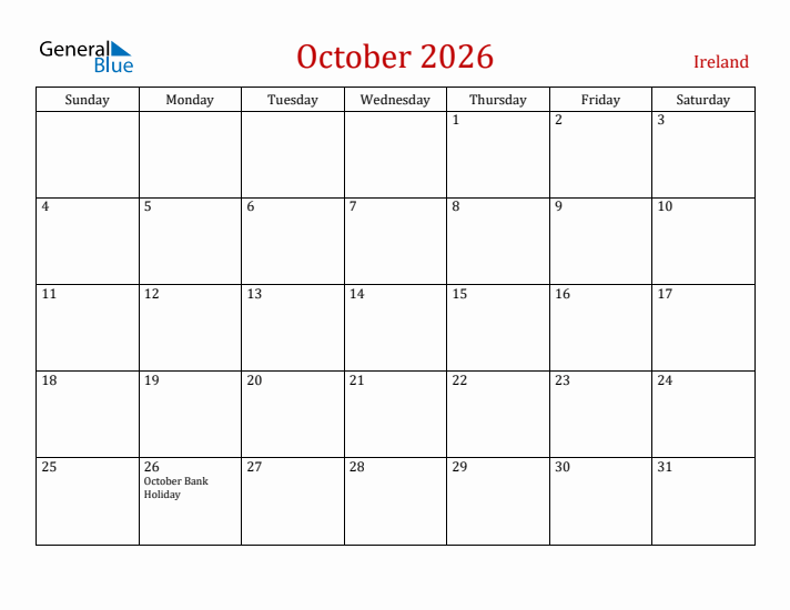 Ireland October 2026 Calendar - Sunday Start