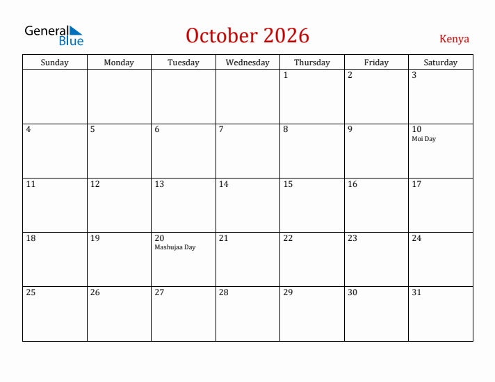 Kenya October 2026 Calendar - Sunday Start