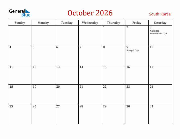 South Korea October 2026 Calendar - Sunday Start
