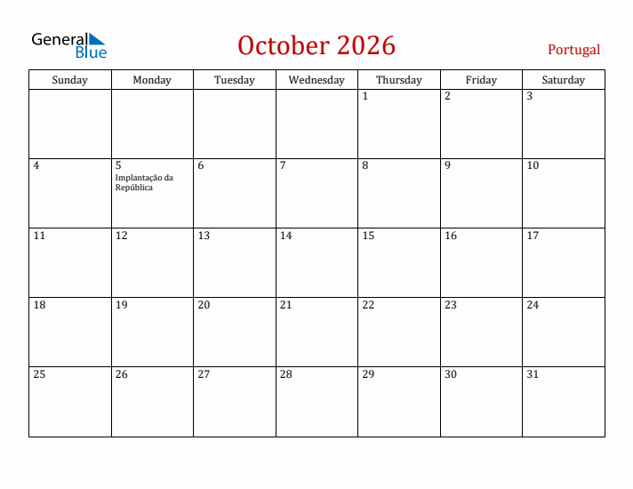 Portugal October 2026 Calendar - Sunday Start