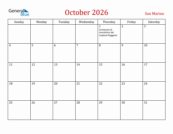 San Marino October 2026 Calendar - Sunday Start