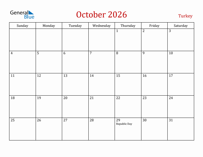 Turkey October 2026 Calendar - Sunday Start