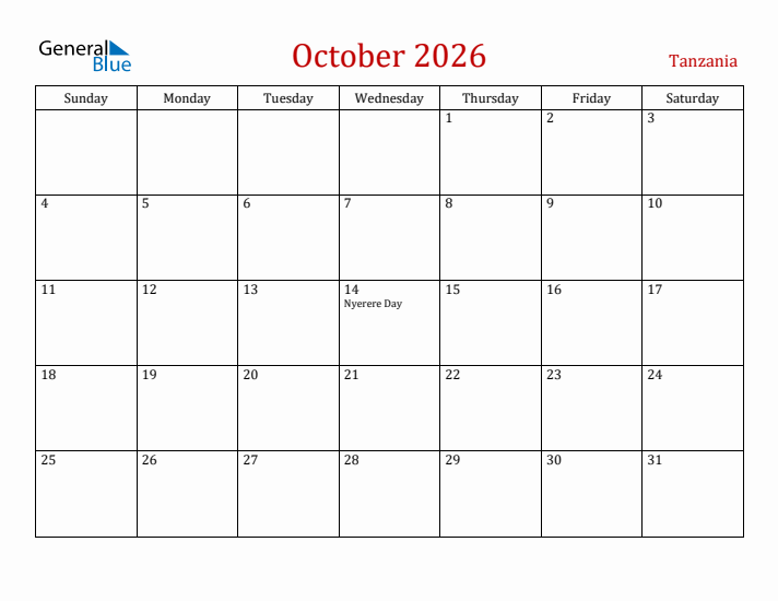 Tanzania October 2026 Calendar - Sunday Start