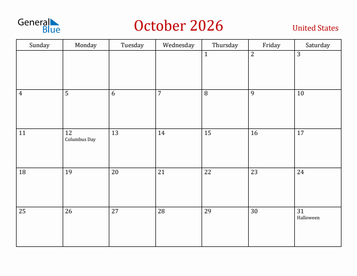 United States October 2026 Calendar - Sunday Start
