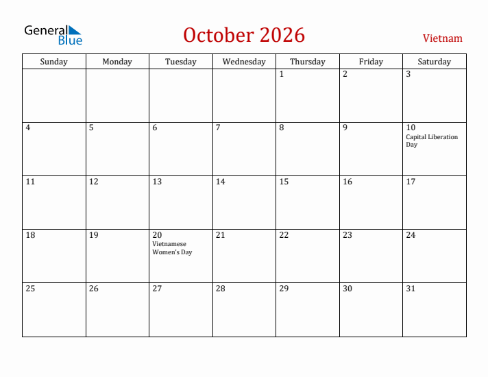 Vietnam October 2026 Calendar - Sunday Start