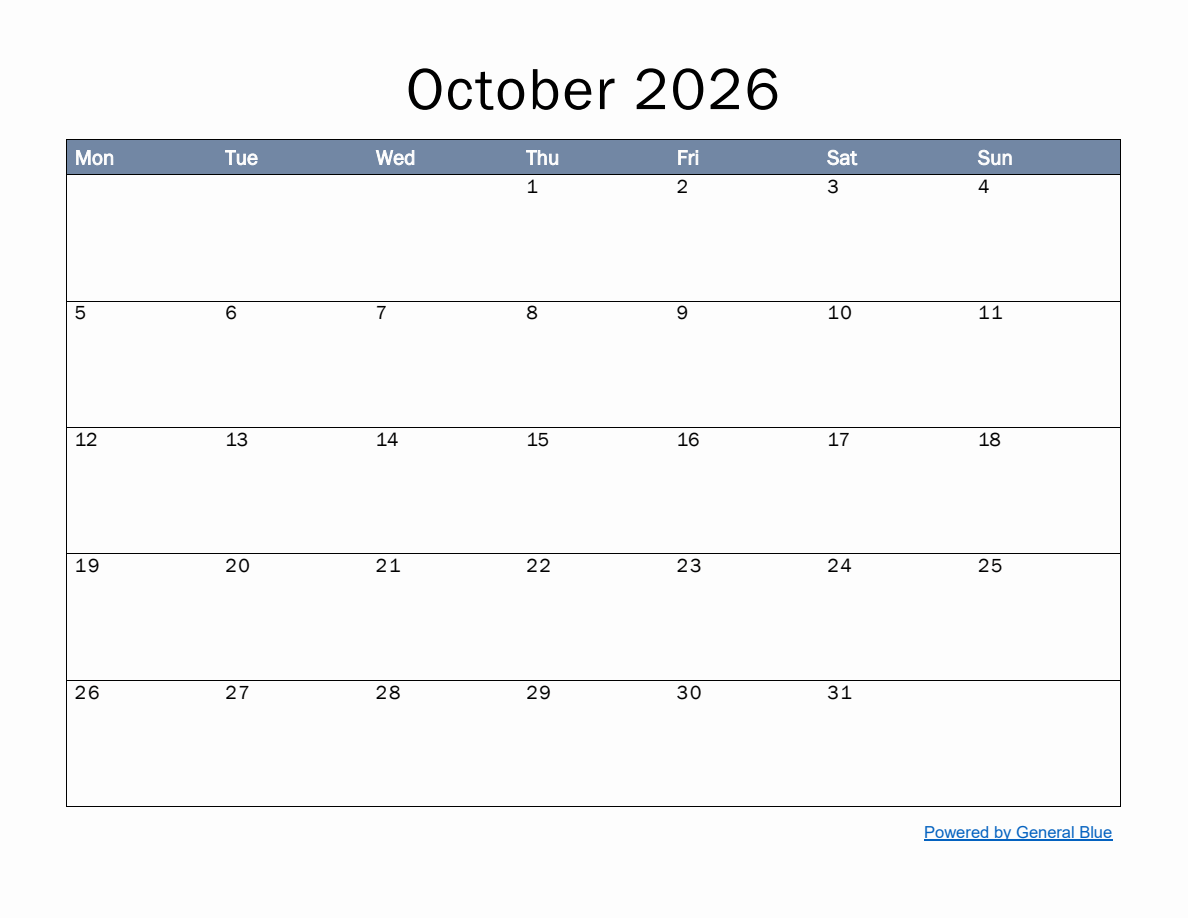 Monthly Calendar Template for October 2026