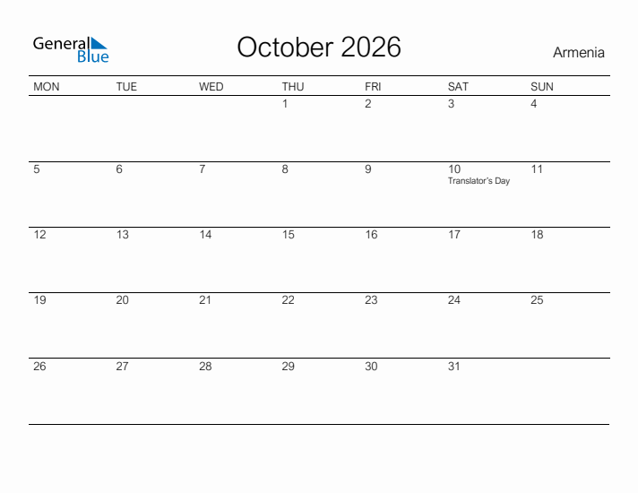 Printable October 2026 Calendar for Armenia