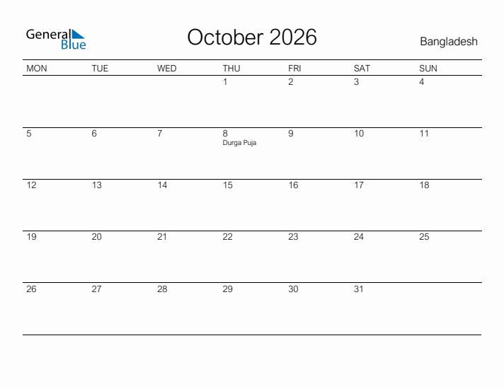 Printable October 2026 Calendar for Bangladesh