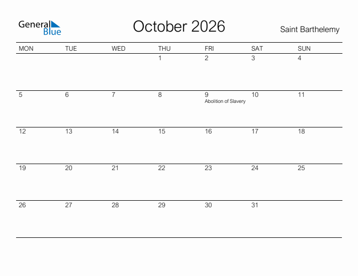 Printable October 2026 Calendar for Saint Barthelemy