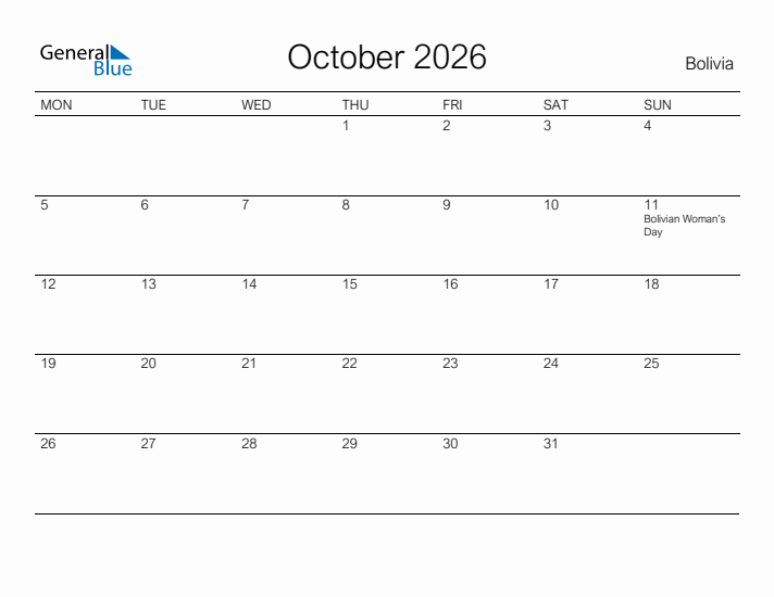 Printable October 2026 Calendar for Bolivia