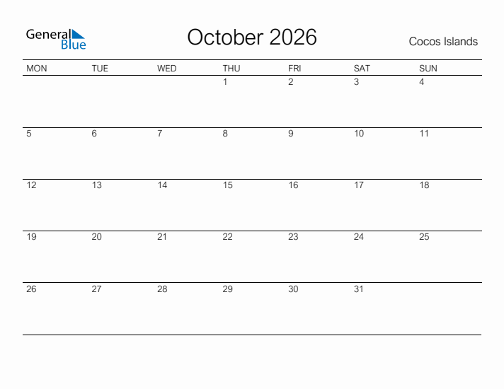 Printable October 2026 Calendar for Cocos Islands