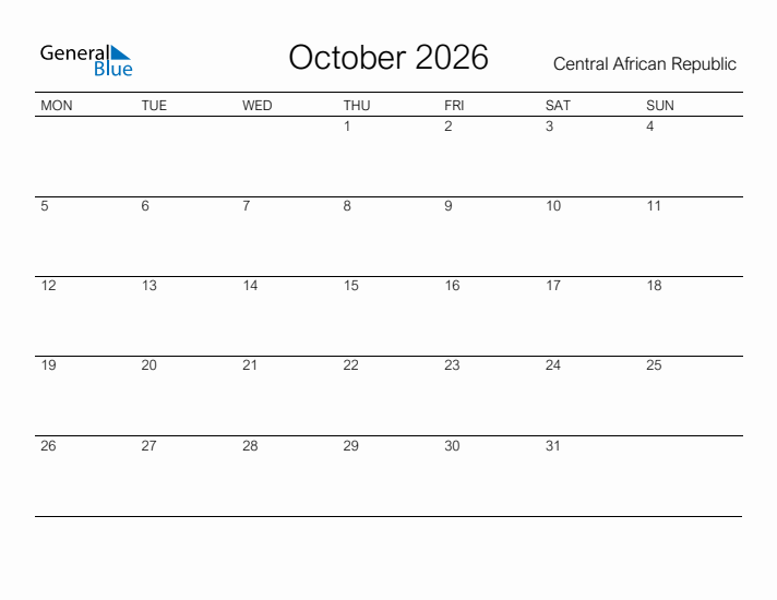 Printable October 2026 Calendar for Central African Republic