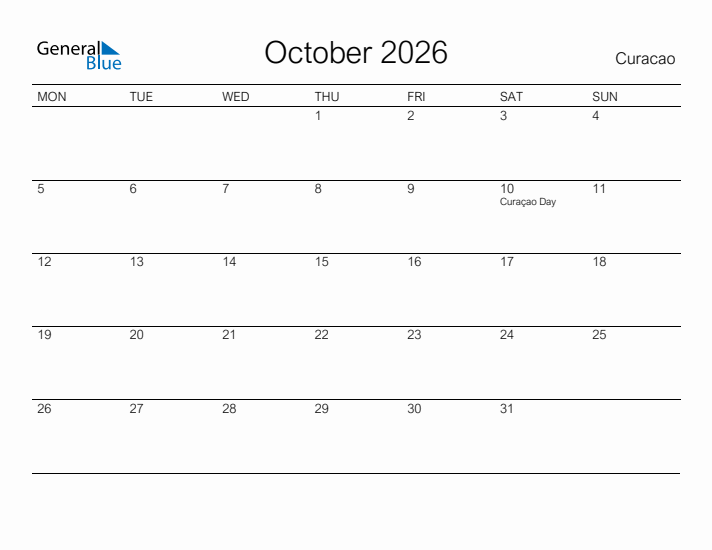 Printable October 2026 Calendar for Curacao