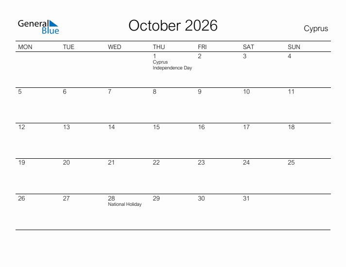 Printable October 2026 Calendar for Cyprus