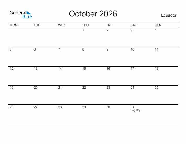 Printable October 2026 Calendar for Ecuador