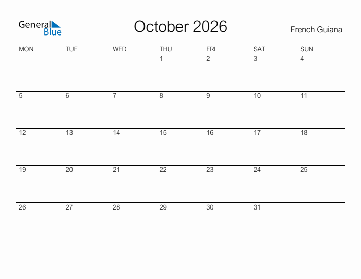 Printable October 2026 Calendar for French Guiana