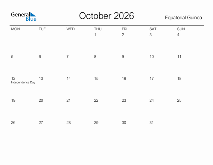 Printable October 2026 Calendar for Equatorial Guinea