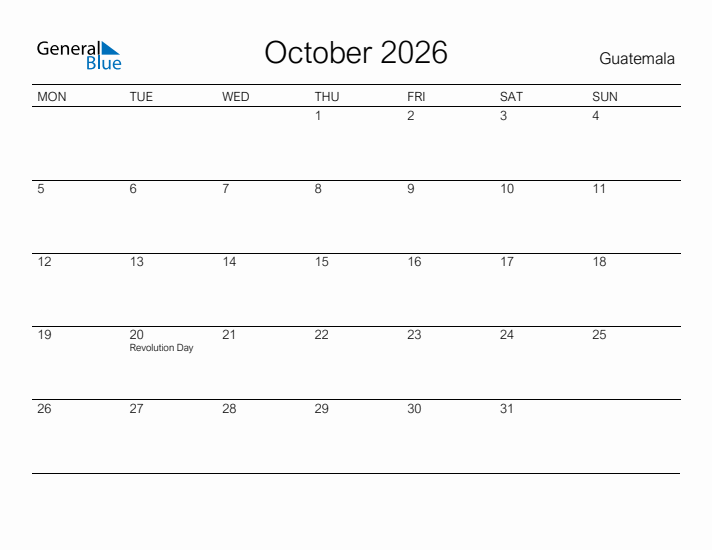 Printable October 2026 Calendar for Guatemala