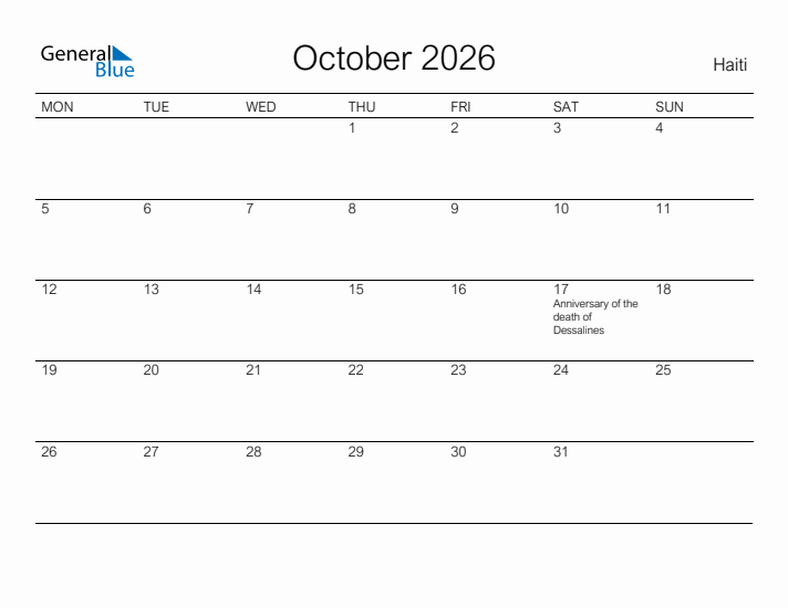 Printable October 2026 Calendar for Haiti