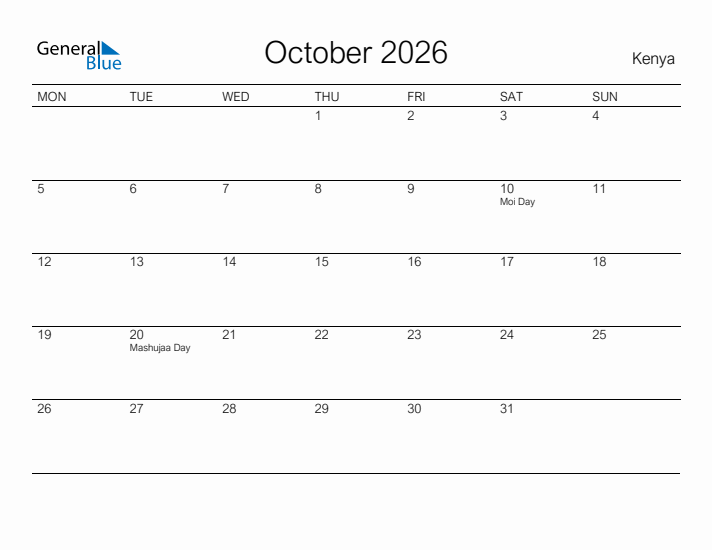 Printable October 2026 Calendar for Kenya