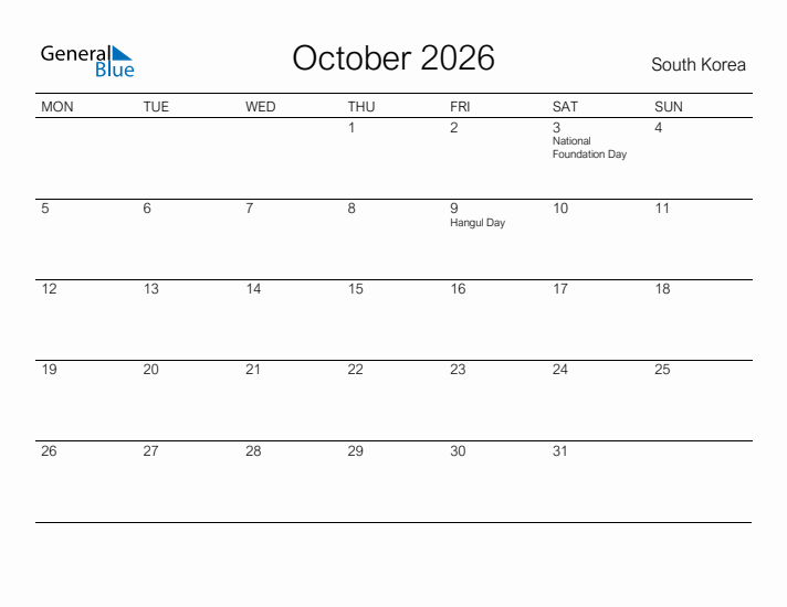 Printable October 2026 Calendar for South Korea