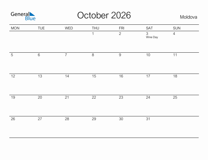 Printable October 2026 Calendar for Moldova