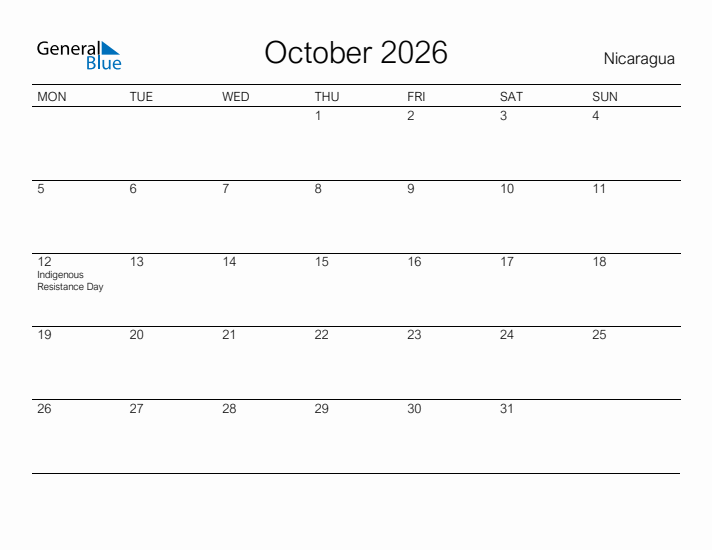 Printable October 2026 Calendar for Nicaragua