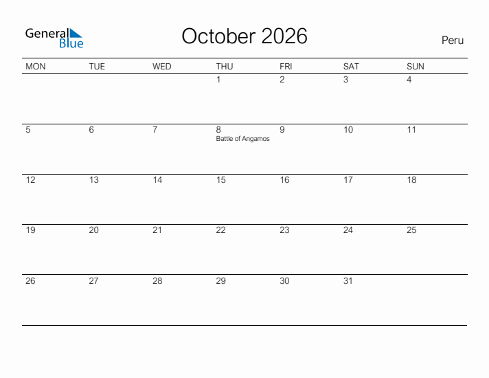 Printable October 2026 Calendar for Peru