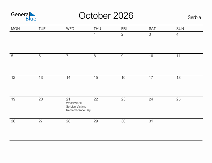 Printable October 2026 Calendar for Serbia
