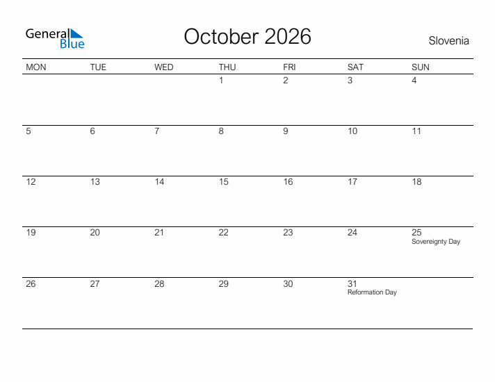 Printable October 2026 Calendar for Slovenia