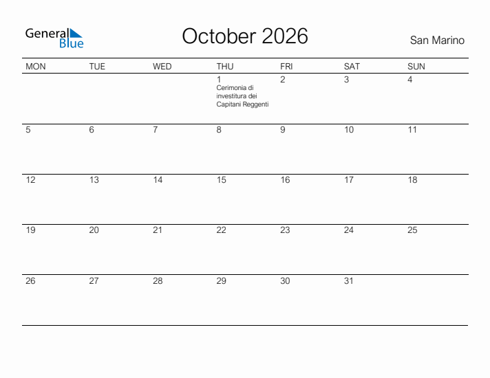 Printable October 2026 Calendar for San Marino