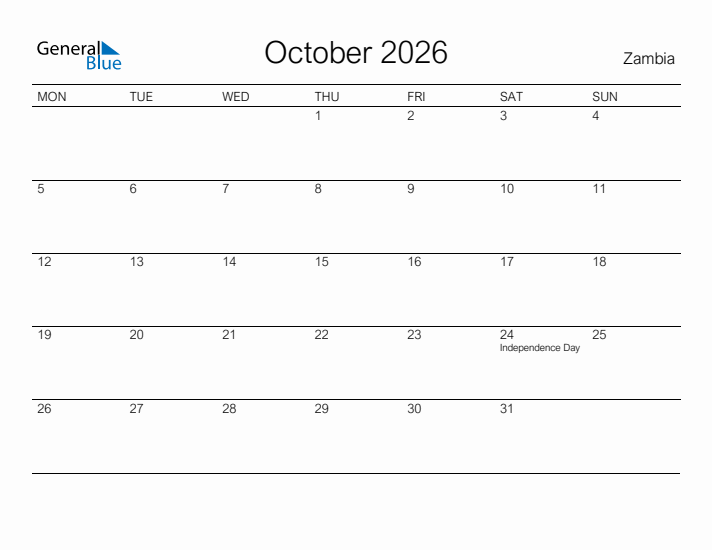 Printable October 2026 Calendar for Zambia