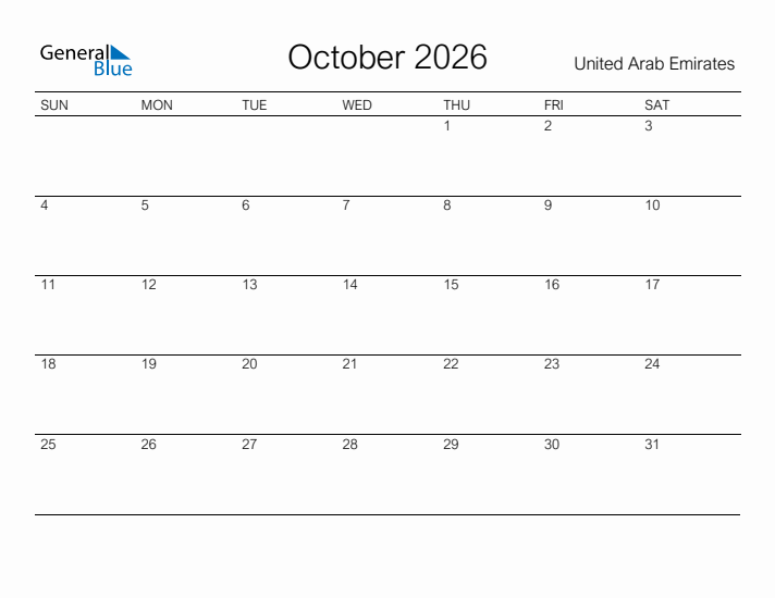 Printable October 2026 Calendar for United Arab Emirates