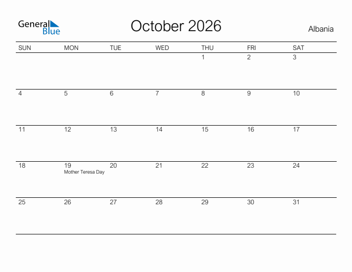 Printable October 2026 Calendar for Albania