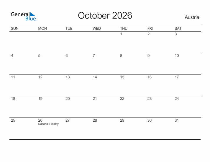 Printable October 2026 Calendar for Austria