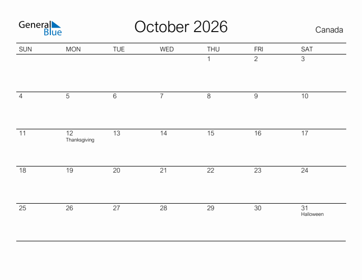 Printable October 2026 Calendar for Canada