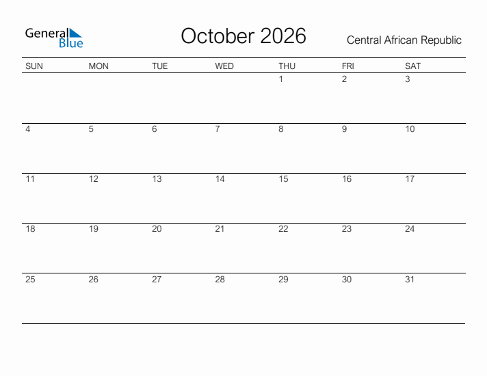 Printable October 2026 Calendar for Central African Republic