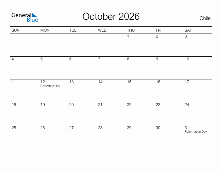 Printable October 2026 Calendar for Chile