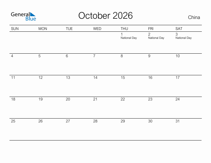 Printable October 2026 Calendar for China