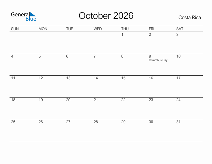 Printable October 2026 Calendar for Costa Rica