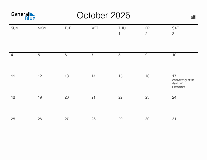 Printable October 2026 Calendar for Haiti