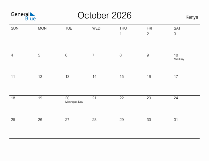 Printable October 2026 Calendar for Kenya