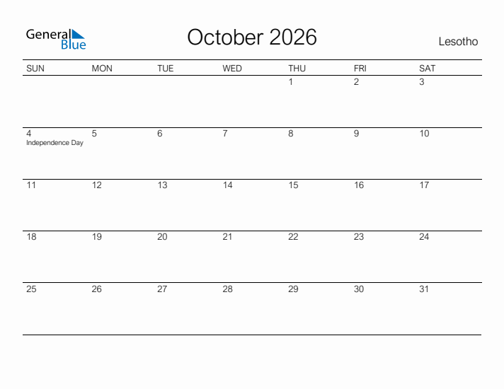 Printable October 2026 Calendar for Lesotho