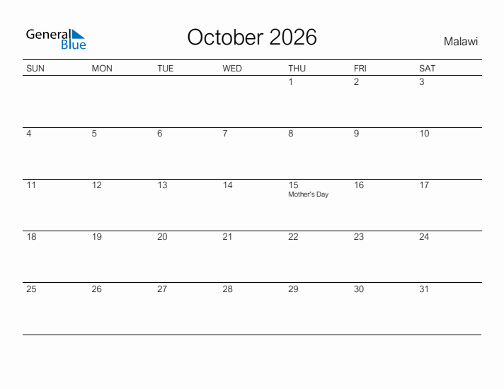 Printable October 2026 Calendar for Malawi