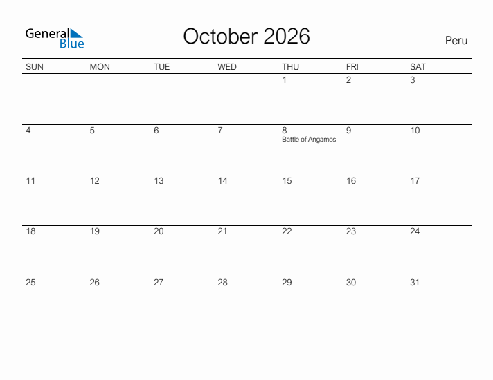 Printable October 2026 Calendar for Peru