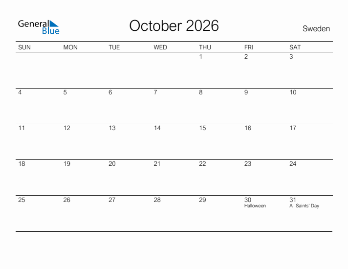 Printable October 2026 Calendar for Sweden